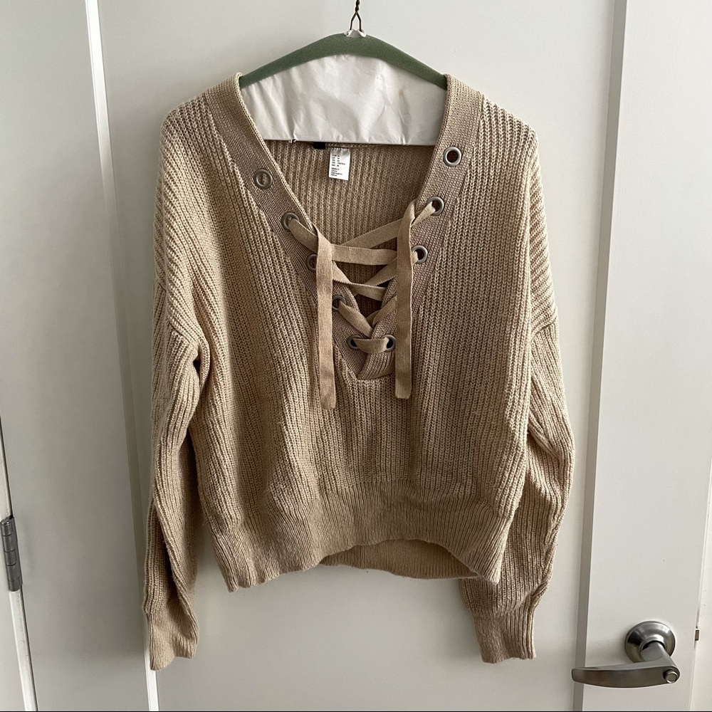 Cream cropped crisscross knit sweater